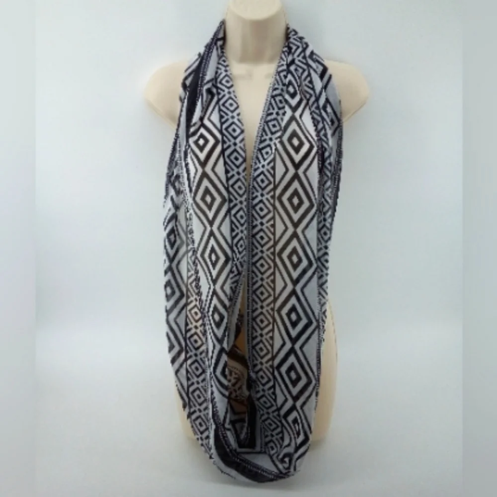 Retro Southwest Tribal Aztec Black White Infinity Sheer Scarf